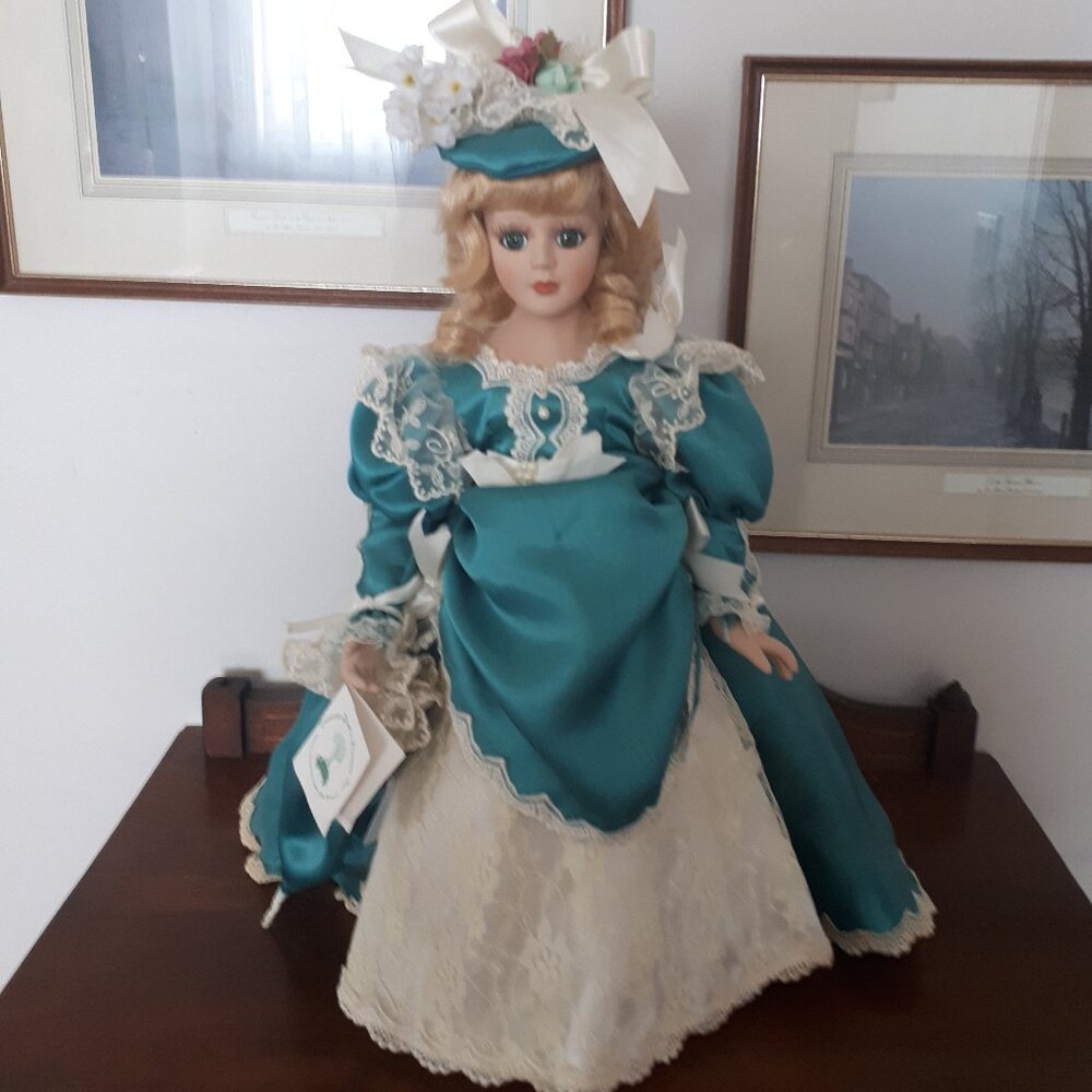 Porcelain doll with stand - Victorian Style - Teal